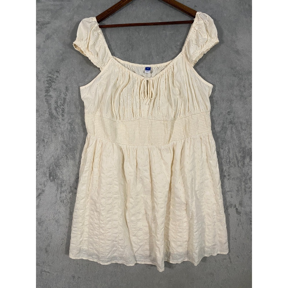 Old Navy Mini Dress Sz 2X Cream Smocked Waist Eyelet Lace‎ Babydoll Milkmaid